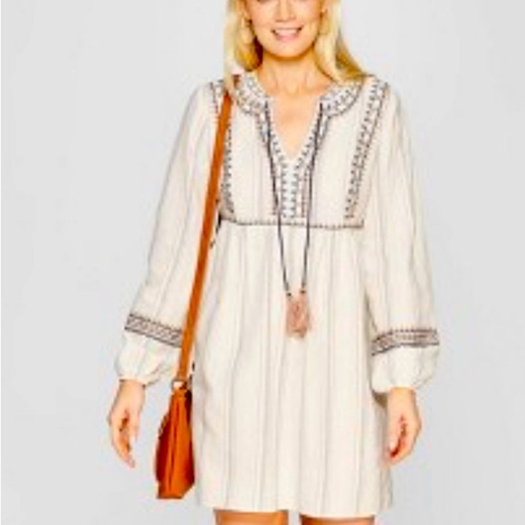 Target Knox Rose Embroidered Ballon Long Sleeve Cotton Cream Navy Dress Size Med - Picture 1 of 9